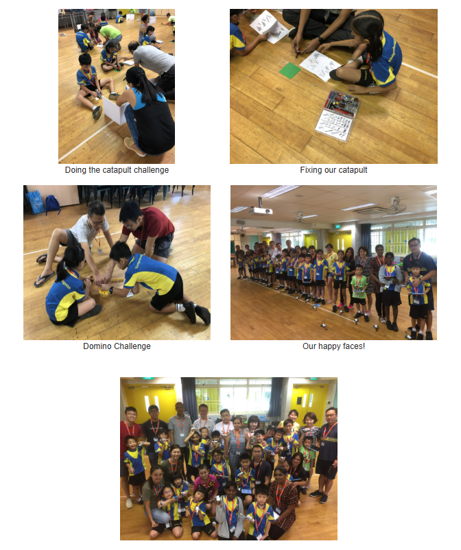 Parents and pupils fixing catapults and dominoes